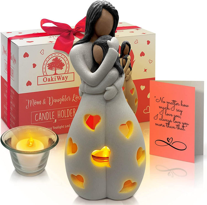 OakiWay Mother-Daughter Love Candle Holder Statue with Flickering LED Candle | Hand-Painted (Dark) - Unique Gifts for Mother's Day, Christmas, Birthday | Greeting Card Included