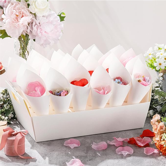 6 Set Wedding Confetti Cone Holder Box Each Includes 30 Pieces of Cone Papers and 30 Holes for 30 Confetti Cones Box Party Confetti Cone Kraft Stand Tray Box for Wedding Party Candy Flower(White)