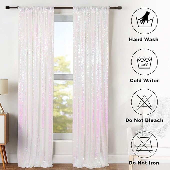 ShinyBeauty 2PCS 4x7FT Iridescent White Sequin Backdrops| Sparkle Photo Background for Parties & Events | Elegant & Durable Shimmer Backdrop Curtain Panels
