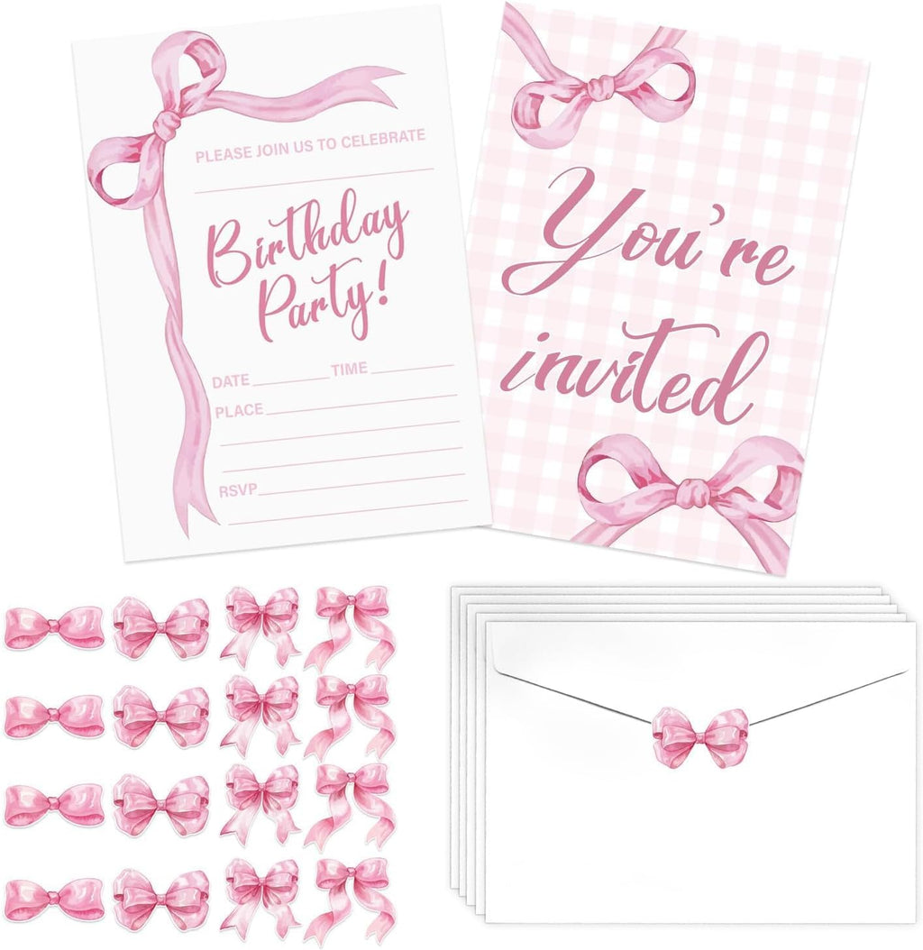 Pink Bow Birthday Invitations for Girls Boys, 20 Sets Bow Knot Invitation Cards with Stickers and Envelopes for Birthday Baby Showers Weddings and Celebrations, 4.7 x 6.7 Inch
