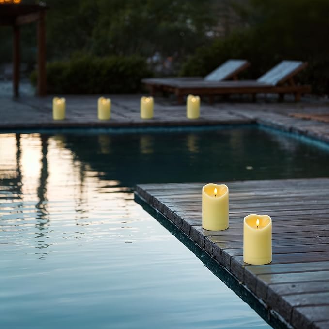 Amagic 4” x 6” Waterproof Outdoor Flameless Candles with Remote, LED Candles Battery Operated with Timer, Flickering Fake Pillar Candle for Patio Yard Porch Decor, Dark Ivory, Set of 2