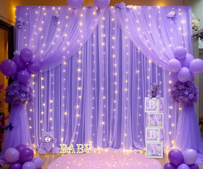 Purple Backdrop Curtains with Lights String for Wedding Birthday Party 10ft×10ft Sheer Tulle Backdrop Curtain for Bridal Shower Baby Shower Photo Shoot Background Wall Decorations 2 Panels 5×10ft