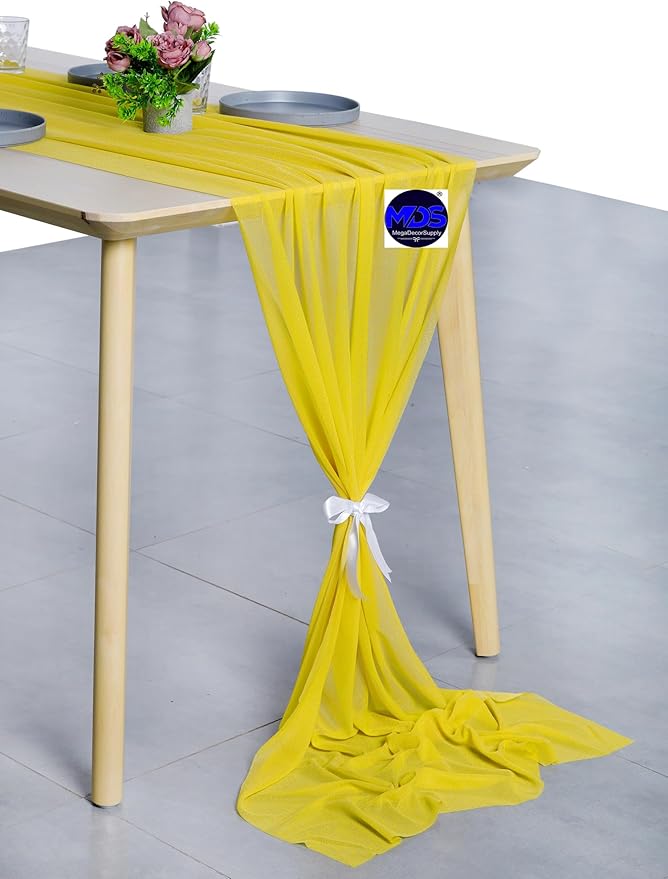 MDS 20 Pack 10ft Chiffon Table Runner 29 x 120 Inches Sheer Wedding Runner Romantic Rustic Table Runner for Wedding Decorations, Birthday Parties, Bridal Shower Party Arch Decor - Yellow