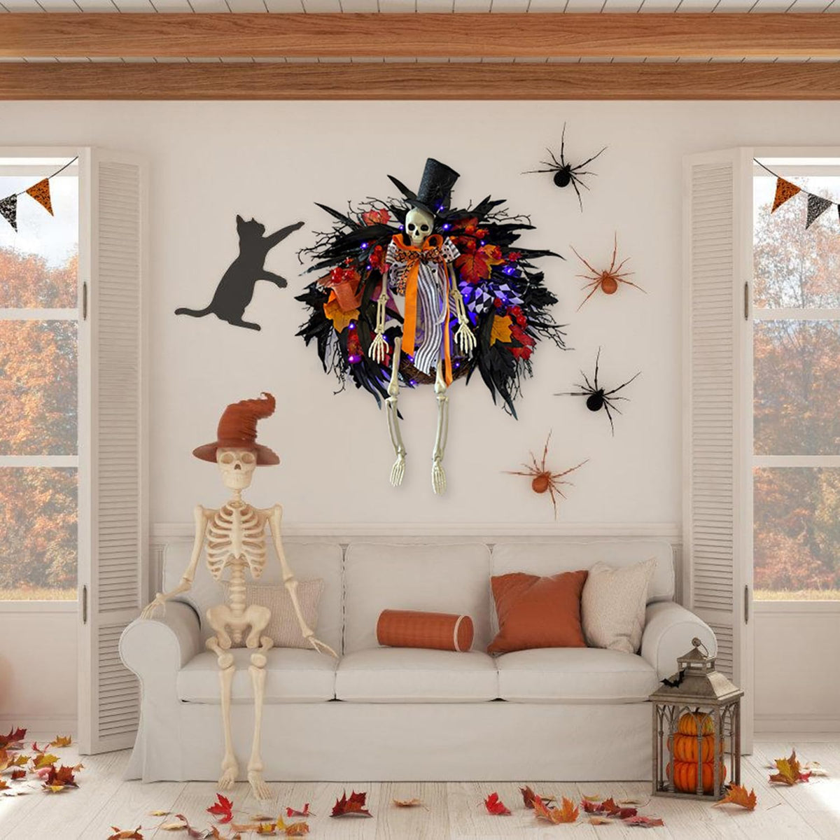 HipTree 28 Inch Halloween Skeleton Wreath for Front Door with Lights