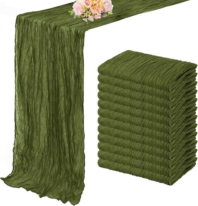 12 Pack Olive Green 10FT Cheesecloth Table Runner Rustic Gauze Cheese Cloth Table Runner for Wedding Bridal Baby Shower Table Decorations Boho Fabric Sheer Birthday Party Decor 20 x 120 Inch Long