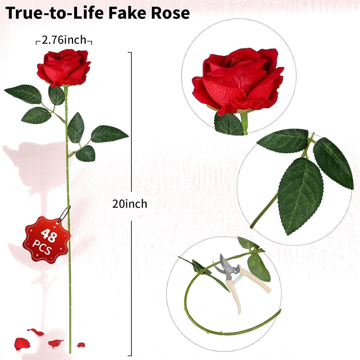 AmyHomie 48 PCS Red Roses, Velvet Realistic Fake Flowers w/Stems