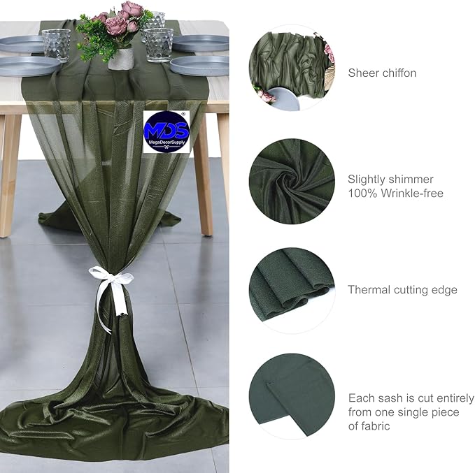 MDS 15 Pack 10ft Chiffon Table Runner 29 x 120 Inches Sheer Wedding Runner Romantic Rustic Table Runner for Wedding Decorations, Birthday Parties, Bridal Shower Party Arch Decor - Olive Green