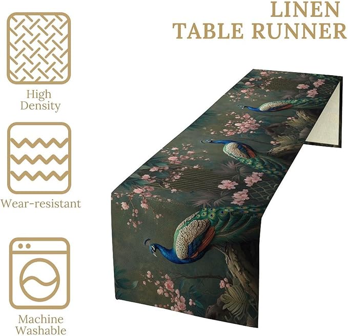 Peacock Table Runner,Vintage Aesthetic Peacock Birds Table Runner for Home Kitchen Dining Party Indoor Outdoor Decoration 13x120 Inch
