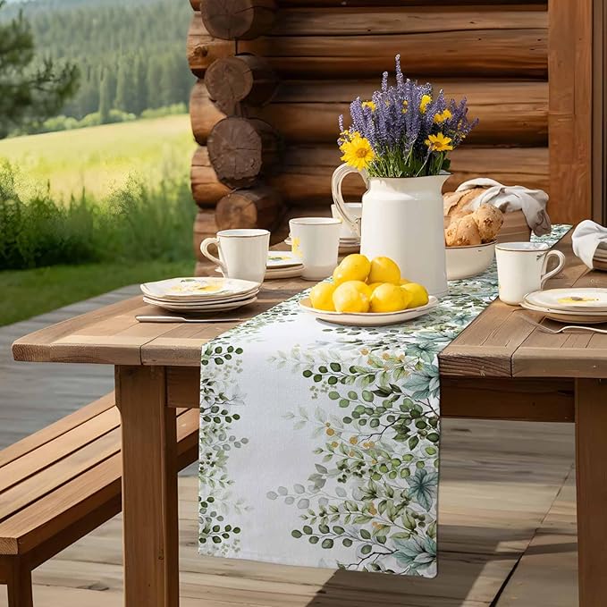 Sage Green Eucalyptus Cotton Linen Table Runner for Dining Kitchen, Farmhouse Leaves Wedding Outdoor Party Tablerunners Decoration Botanical Floral Dresser Scarf Coffee Tablecloth Runners 13x36 Inches