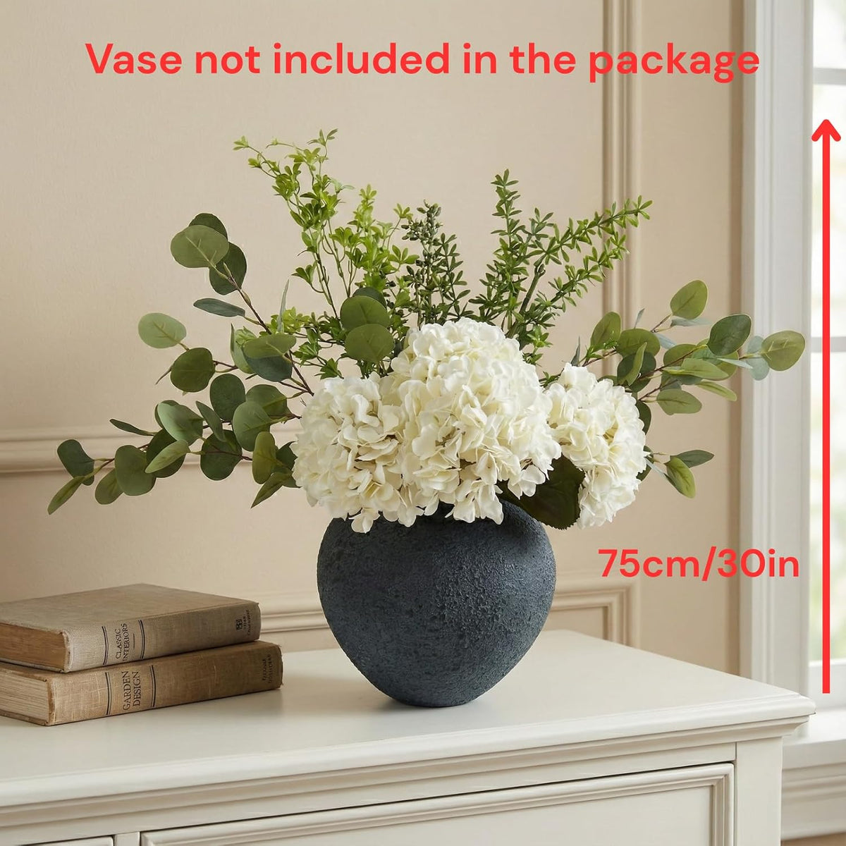 faux arrangement - eucalyptus & white hydrangea flowers, package contents