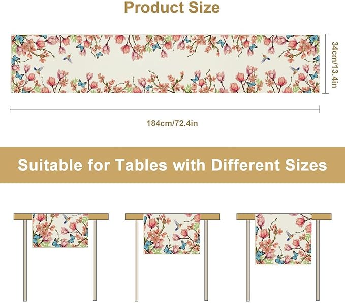 Spring Floral Bird Table Runner, Watercolor Pink Flower Plants Nature Butterfly Table Runner for Kitchen Dinner Living Room Home Party, 13x70 Inch