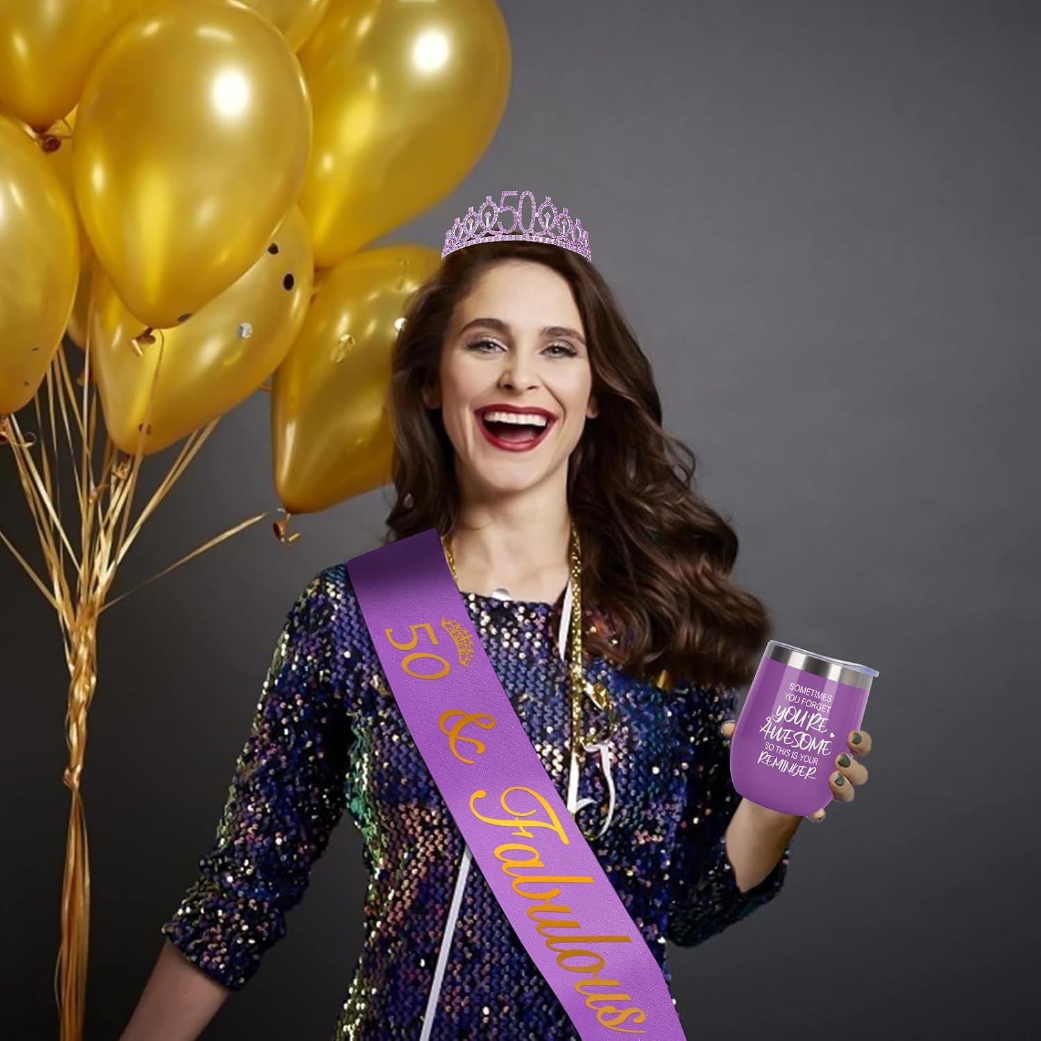 50th Birthday Gifts for Her with 12oz Tumbler/Mug Wine or Coffee, Birthday Crown, Sash, Cake Topper and Candles, 50 Year Old Decorations Women Purple