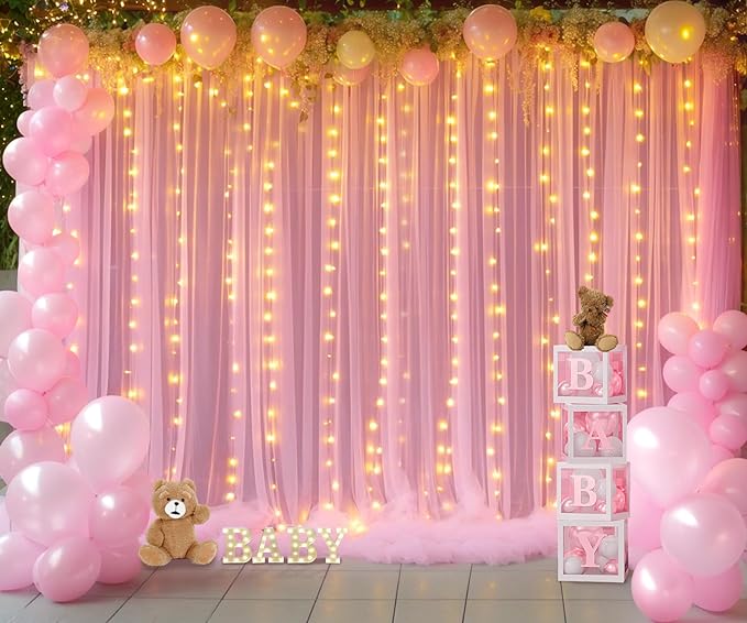 10ft x 10ft Pink Tulle Photo Backdrop Curtain with Lights String for Parties Wedding Sheer Baby Pink Curtain Backdrop for Birthday Party Baby Shower Photo Booth Photography Background Decorations