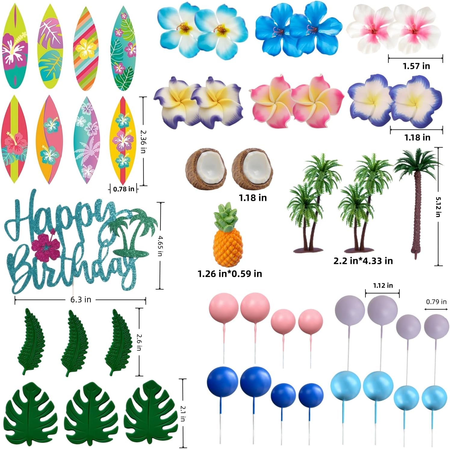 49 Pcs Hawaiian Cake Toppers, Summer Beach Cake Decoration with Surfs Flowers Leaves Coconut Trees Blue Pink Balls Cake Toppers for Birthday Party Supplies