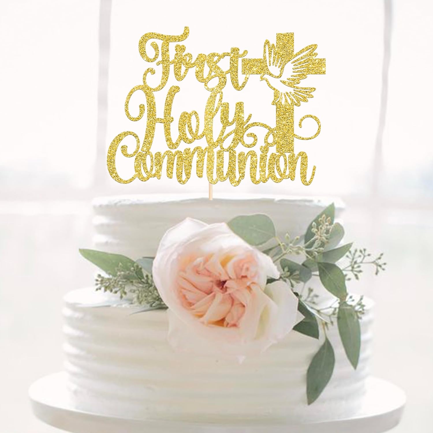 1 Pack First Holy Communion Cake Topper Glitter Cross Religious Cake Picks God Bless for Baby Shower Religious Theme Kids Frist Birthday Party Cupcake Decoration Supplies Gold