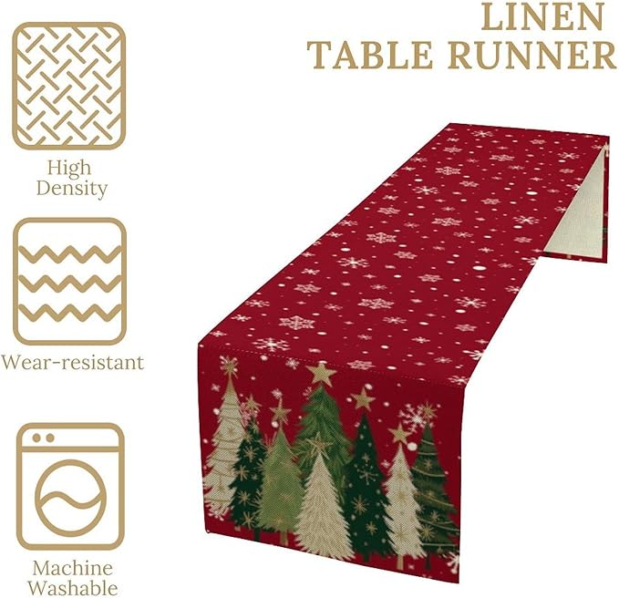 Merry Christmas Table Runner,Red Christmas Tree Snowflake Winter Seasonal Table Cloth Kitchen Dining Table Decoration for Home Party Decor 13x60 Inch
