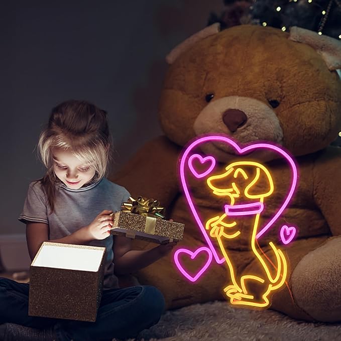 Love Dog Neon Sign USB Powered Pink Love Neon Light for Wall Decor Dimmable LED Cute Puppy Light Up Sign for Pet Shop Bedroom Animal Party Neon Decor Gift for Boys Girls(16.7 * 12.8In)