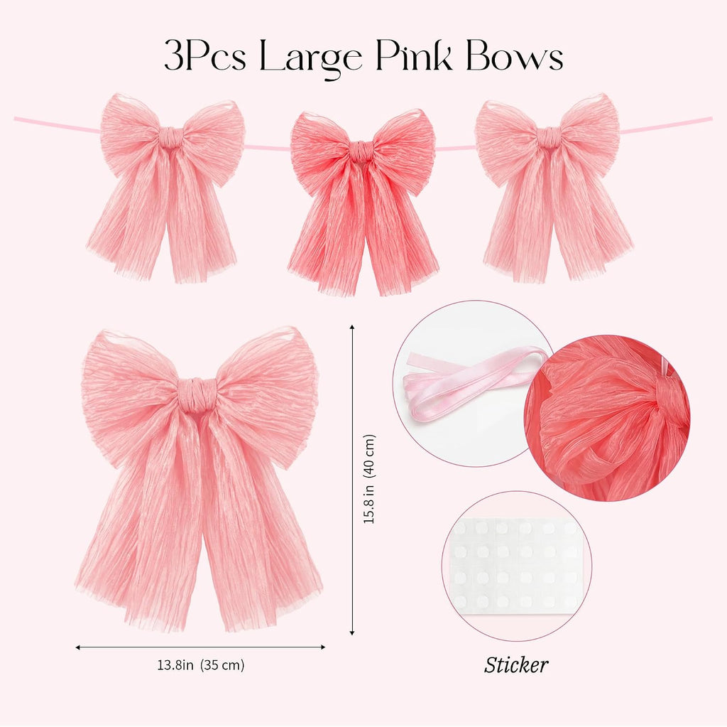 3 Pcs Large Shimmer Pleated Gauze Bows, 14 x 16 Inch Pink Glitter Mesh Bow Decorations for Coquette Room Decor, Aesthetic Wall Decor for Wedding, Graduation, Birthday Backdrop, DIY Kit
