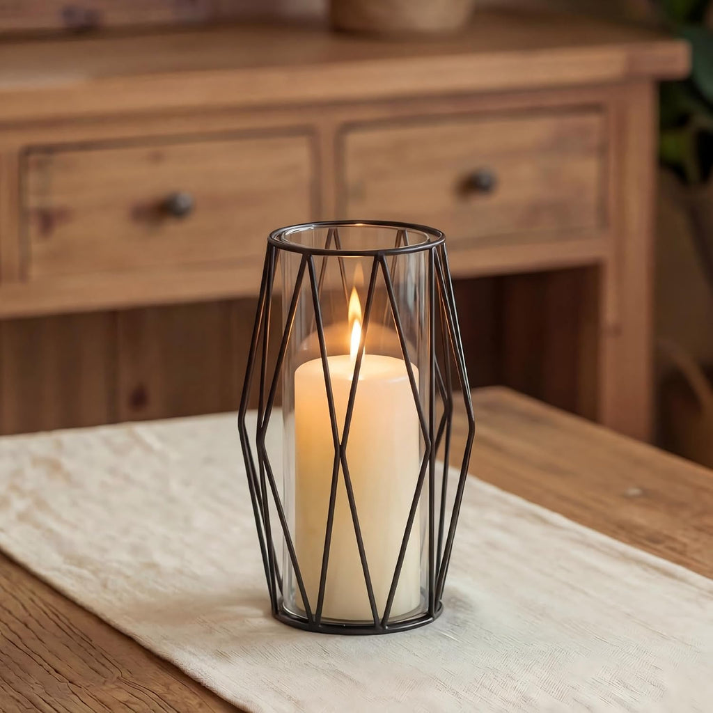 NUPTIO Black Geometric Hurricane Glass Candle Holder, 1 Piece | Compact Diamond Frame, Clear Cylinder Vase, for Flowers, Pillar & Floating Candles, Office or Dining Table Decor