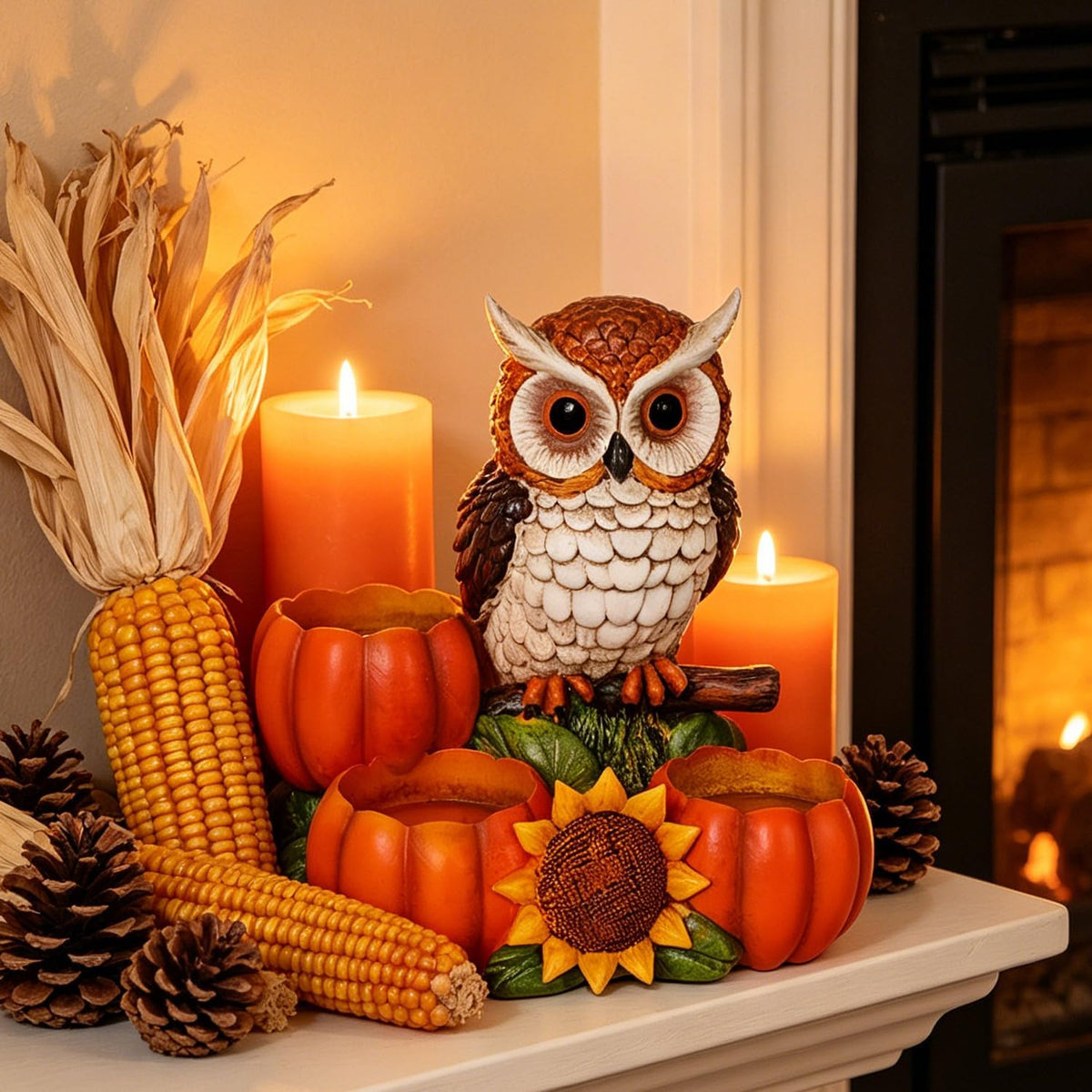 Fall Owl Candle Holder with 3 Pumpkin Tealight Holders