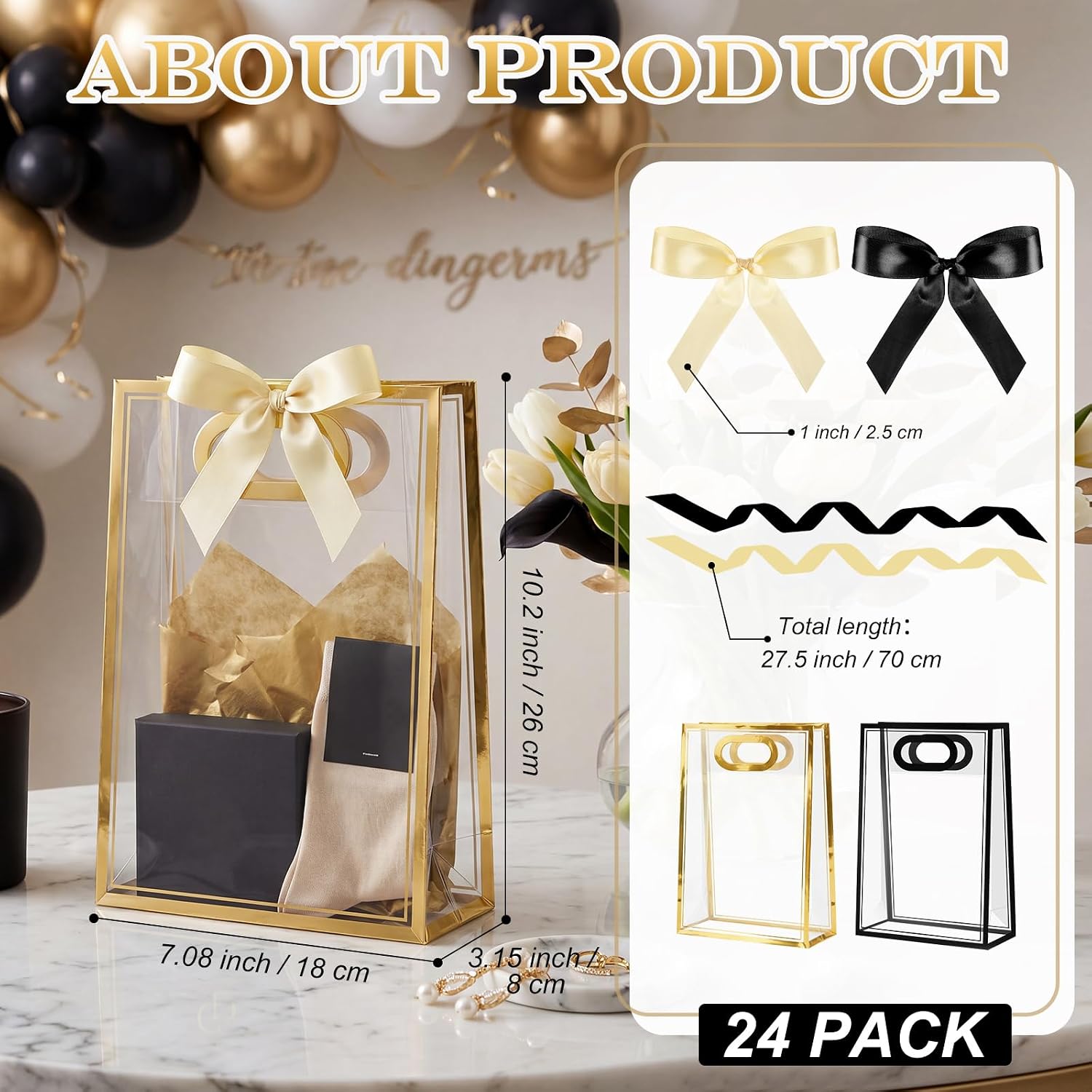 Mooliwe 24 Pcs Black Gold Gift Bags with Handles, Clear Plastic Gift Bags with Ribbons Reusable Tote Bag for Birthday Weeding Party Supplies Company Business Events