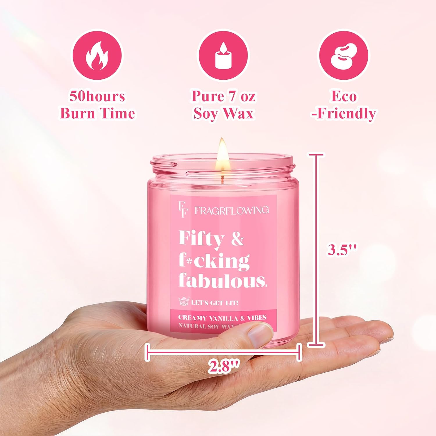 50th Birthday Candle Gifts for Women - Fifty & Fabulous! Creamy Vanilla & Natural Soy Wax Candle, Pink Jar Funny Gifts for Daughter, Sister, Best Friend or Wife Birthday Decorations