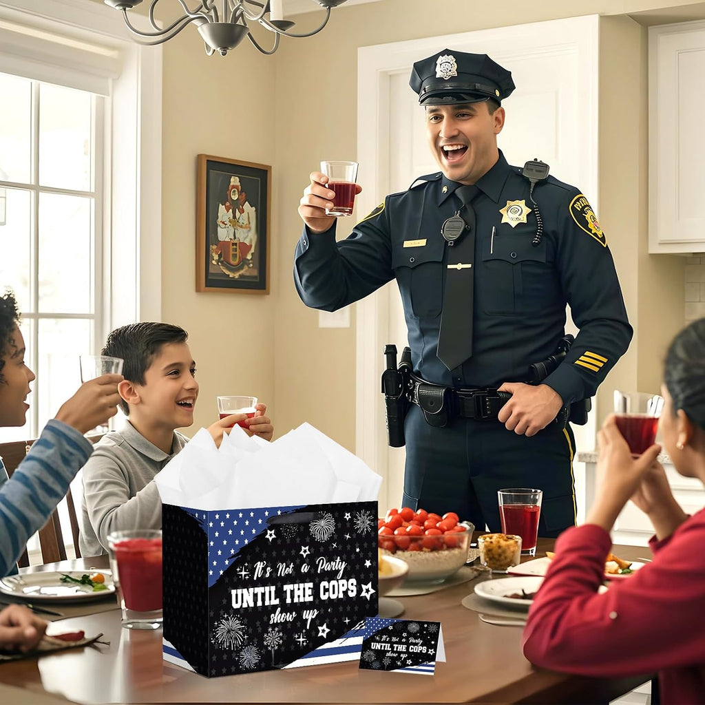 LUUFILx Police Gift Bag for Men Women It's Not a Party Until The Cops Show Up with Wrapping Paper Card Black White and Blue American Flag Police Theme Decor for Birthday Grad Retirement Party(Blue)