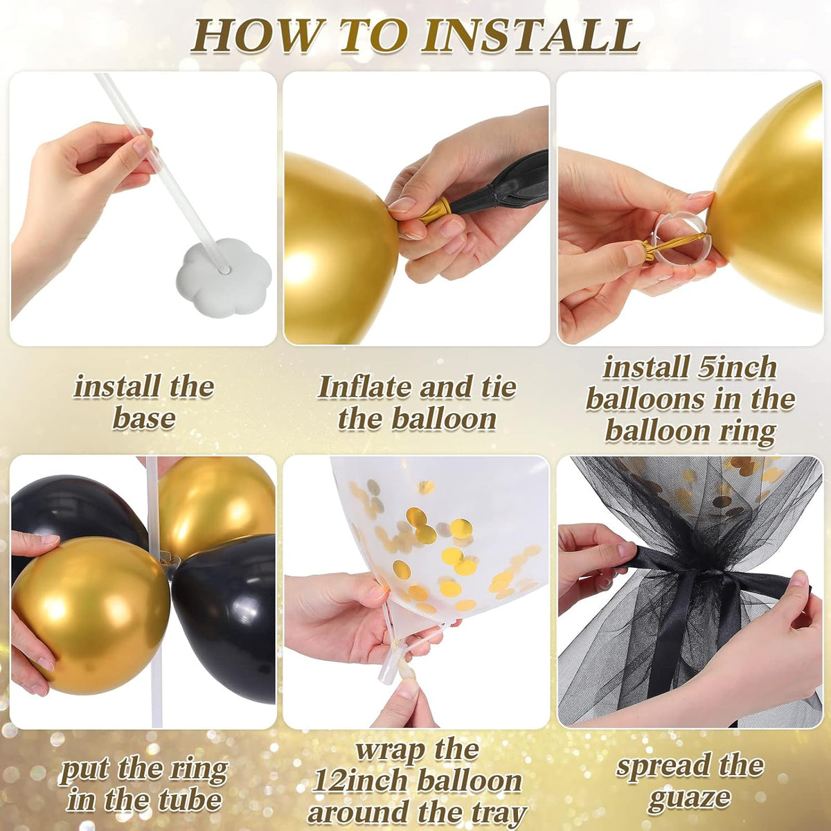 bbto 8 set gold black table centerpieces balloons, close-up detail