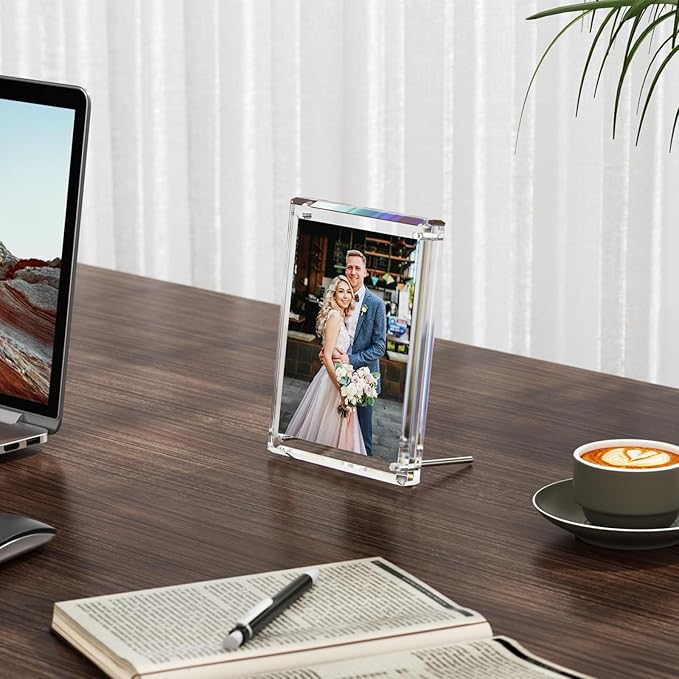 NIUBEE 5x7 Acrylic Picture Frames, Clear Photo Frame for Living Room, Diamond Edge Design, Portrait and Landscape Magnetic Family Thick Desktop Frame