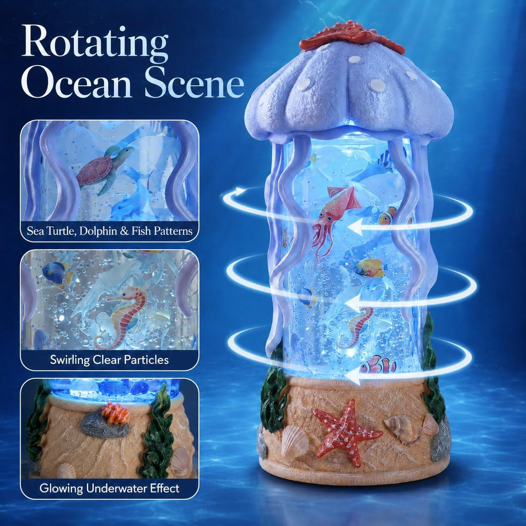 Jellyfish Night Light Water Snow Globe with Music and 2 Soothing Melodies, Rotating Ocean Scene Lamp with 6 Hours Timer, USB Powered or 3 AA Battery Operated Gift for Kids Adults Bedroom Nursery