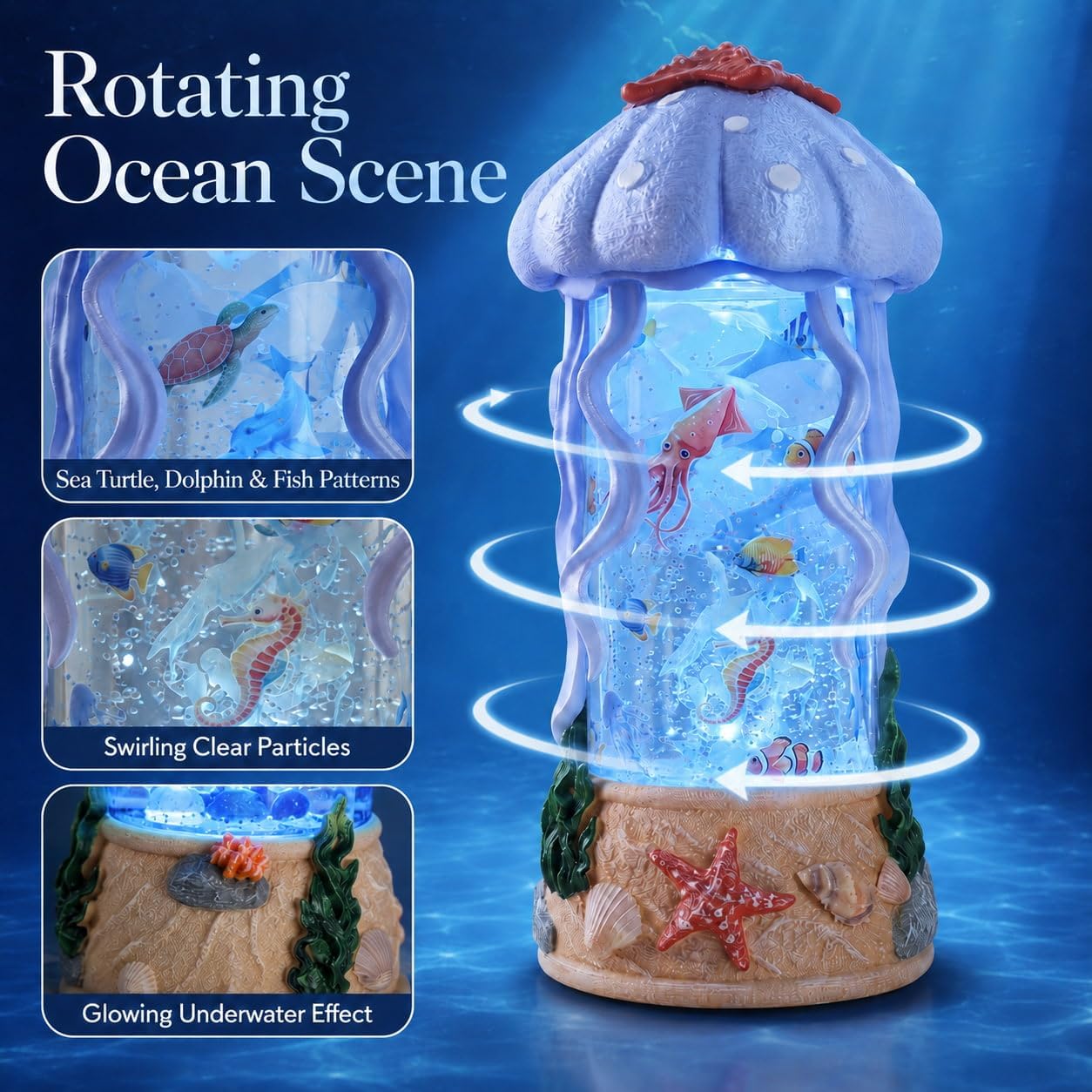 Jellyfish Night Light Water Snow Globe with Music and 2 Soothing Melodies, Rotating Ocean Scene Lamp with 6 Hours Timer, USB Powered or 3 AA Battery Operated Gift for Kids Adults Bedroom Nursery