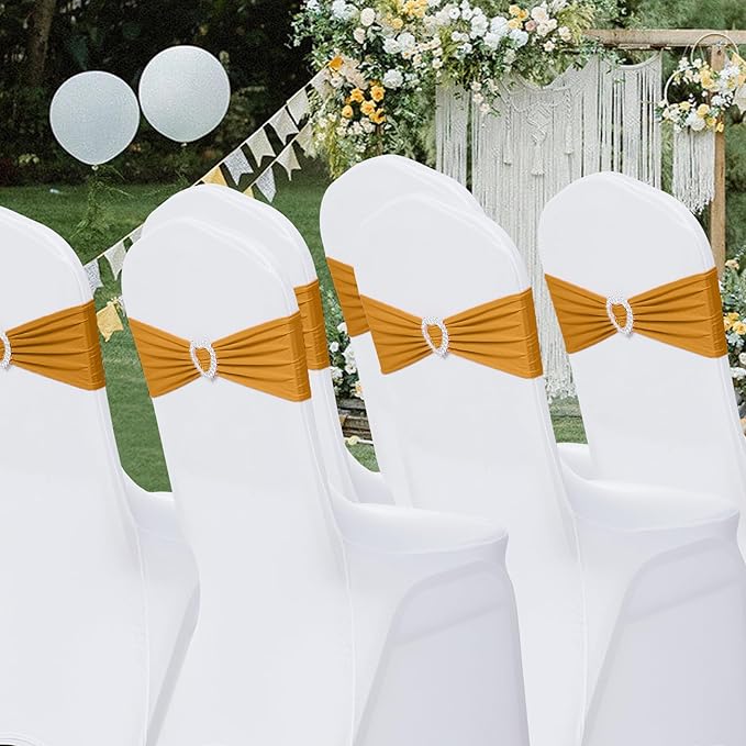 Howhic Pack of 30 Spandex Chair Sashes Bows Stretch Chair Cover Band with Buckle Slider Universal Elastic Chair Ties for Wedding Banquet Party Event Decoration (Gold)