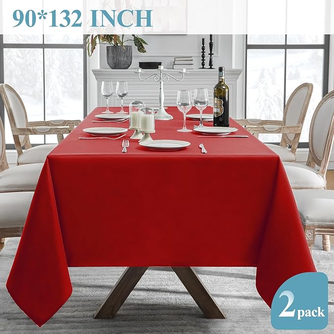 VidaFete 2 Pack 90 * 132inch Rectangle Table Cloth Polyester, Stain Wrinkle Resistant Polyester Dining Table Cover for Kitchen Dinning Party Wedding Rectangular Table Buffet Decoration(Red)