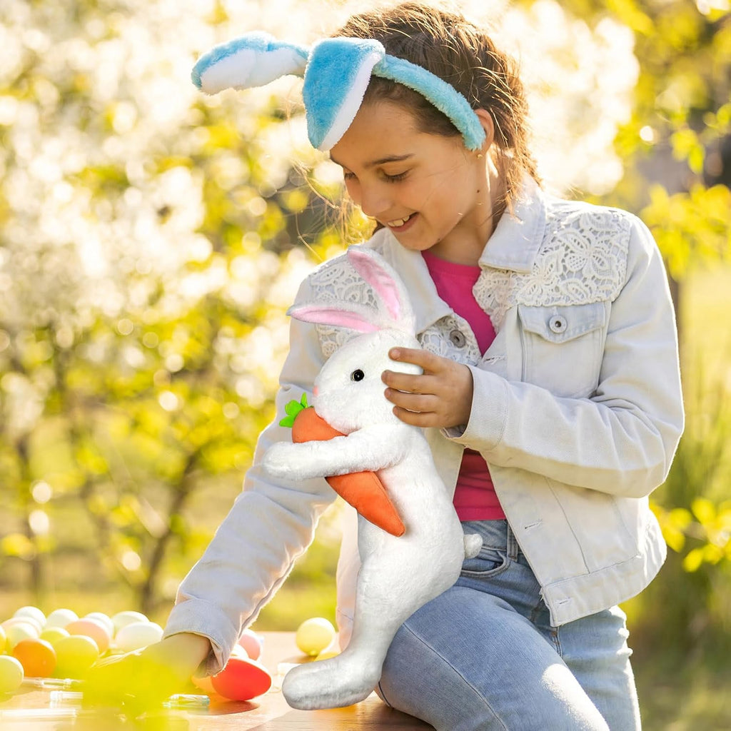 Hongsome Easter Bunny Tree Topper Decorations,Spring Plush Rabbit Hugged Carrot for Tree Basket Stuffers Holiday Home Party Supplies Decor White