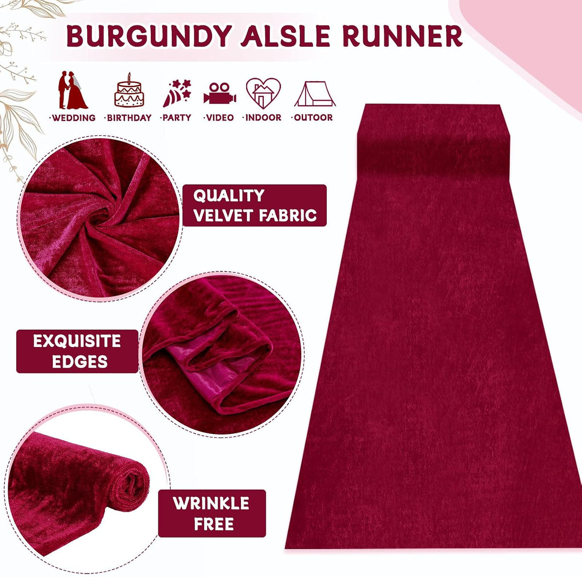 QueenDream Aisle Runner for Wedding Ceremony Burgundy Velvet Runner 4.5FT x 1...