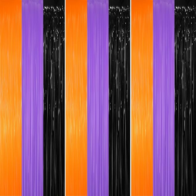 GOER 3.2 ft x 8.2 ft Metallic Tinsel Foil Fringe Party Backdrop for Halloween Birthday Graduation New Year's Party Decorations(3 Packs,Black&Orange&Purple)