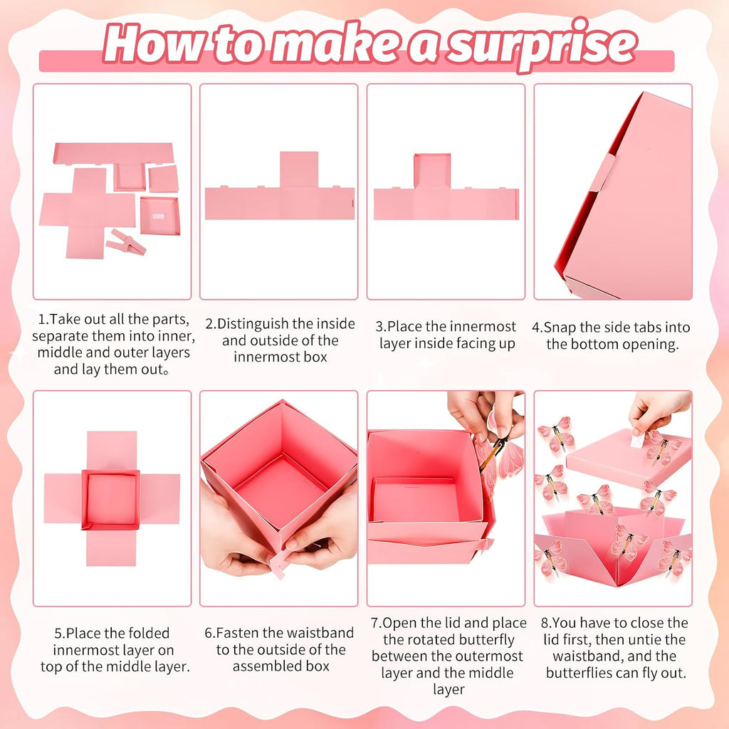XLSXEXCL Butterfly Explosion Cardboard Gift Box, Flying Butterfly Surprise Box for Birthday, Wedding, Anniversaries, Christmas (Pink)