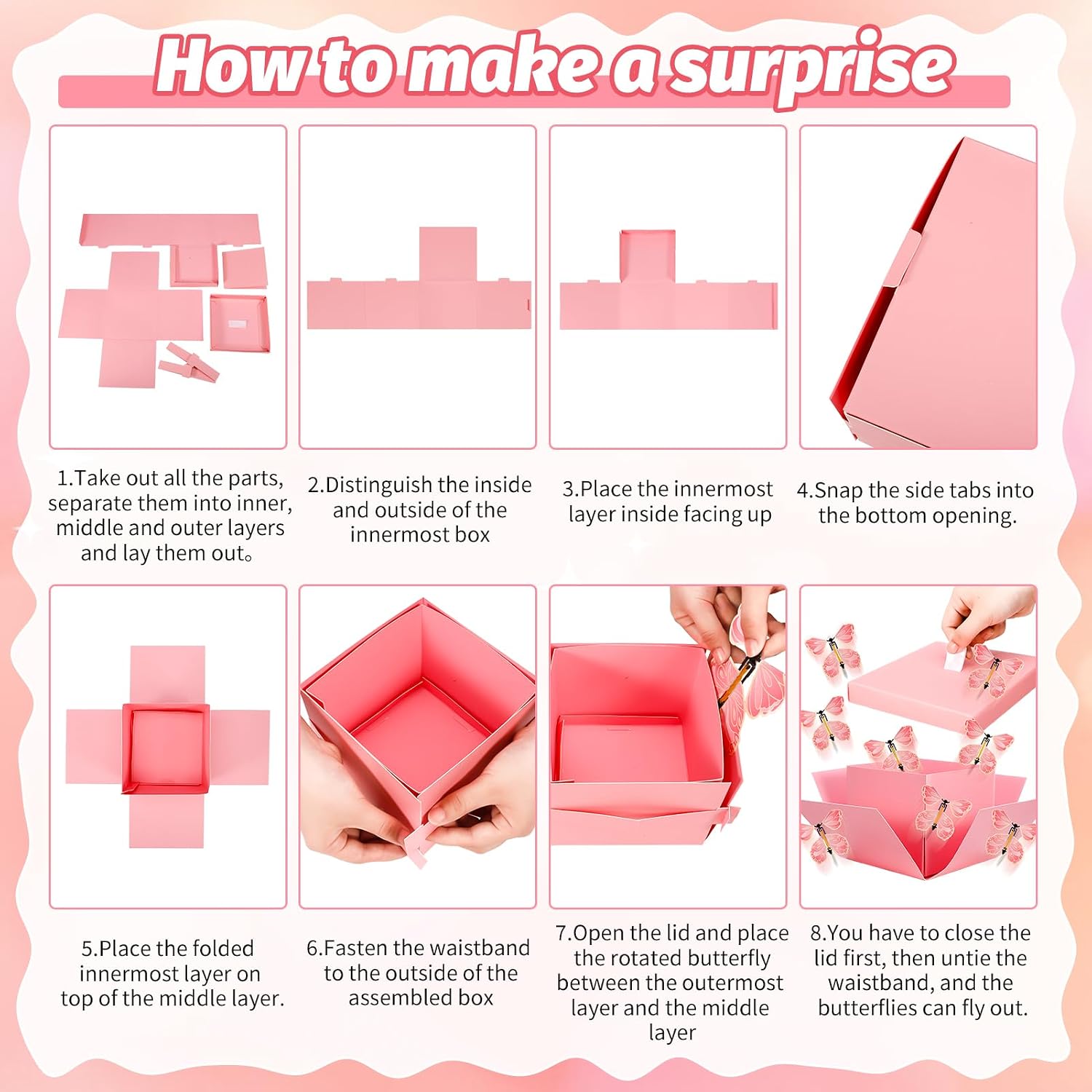 XLSXEXCL Butterfly Explosion Cardboard Gift Box, Flying Butterfly Surprise Box for Birthday, Wedding, Anniversaries, Christmas (Pink)