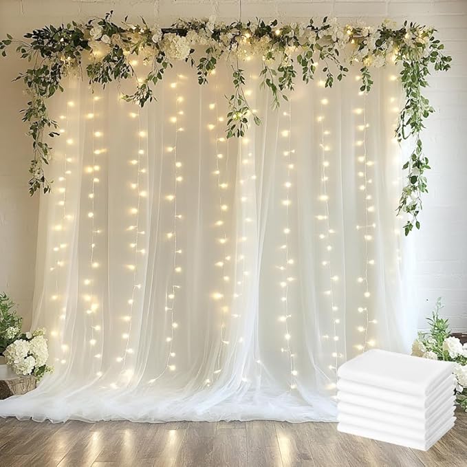 Tulle Backdrop Curtain with Lights String 30 X 10FT Ivory Sheer Tulle Backdrop Curtains for Wedding Birthday Party Reception Photo Booth Background Decorations (6 Panels 5x10FT)