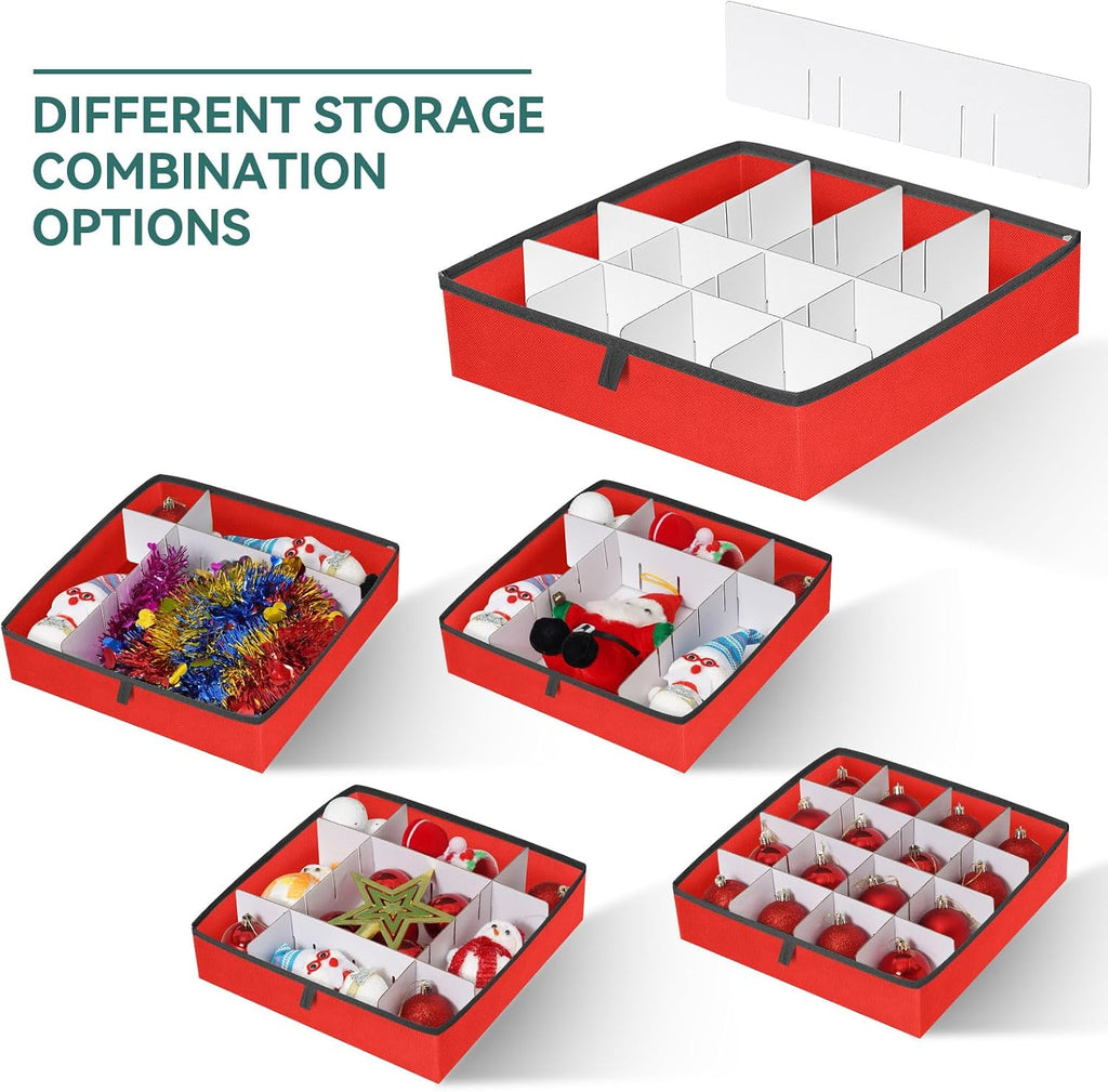 Christmas Ornament Storage Box,2-in-1 Christmas ornament organizer&Christmas Figurine Container,5 Trays,6 Adjustable Christmas Figurine Storage Grids,Red