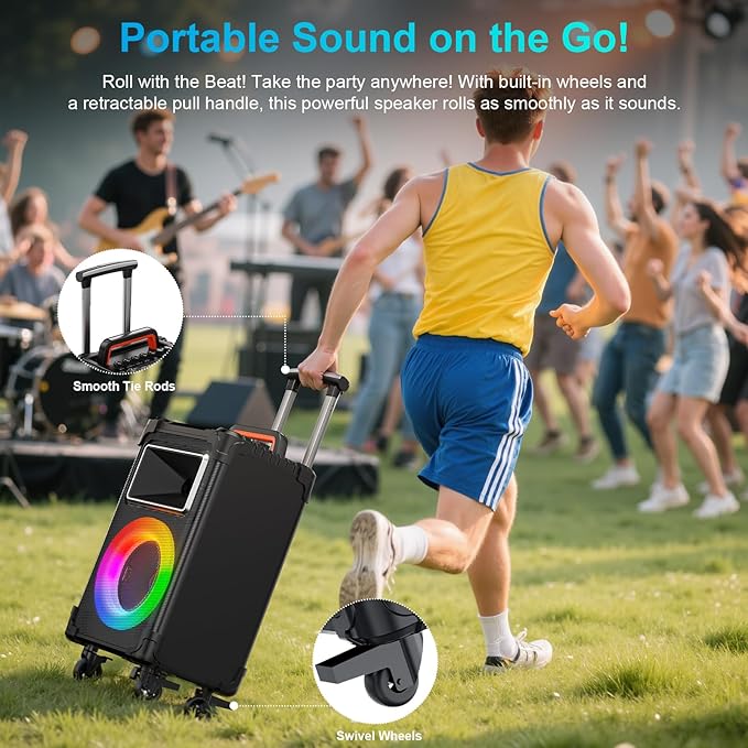 JYX Karaoke Machine with 2 Wireless Mics, 10" Woofer 500W Peak Power Big Portable Bluetooth Speaker with Bass/Treble Adjustment, PA System with Remote Control, LED Lights, Rolling Wheels and Trolley