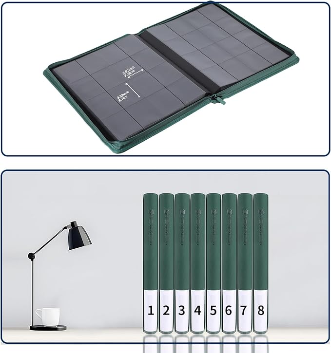 Snekdy premium 1024-pocket trading card binder, 16-pocket cards album, waterproof PU-leather Cover album with side loading, holds gaming, baseball, basketball & sports cards Green