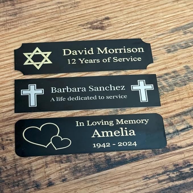 GEM AWARDS Custom Engraved Name Plate with Adhesive, Made in USA, Personalized Pet Memorial Plaque, Art Tag, Flag Case (Black Plate/Gold Text, 1x3 Inch)