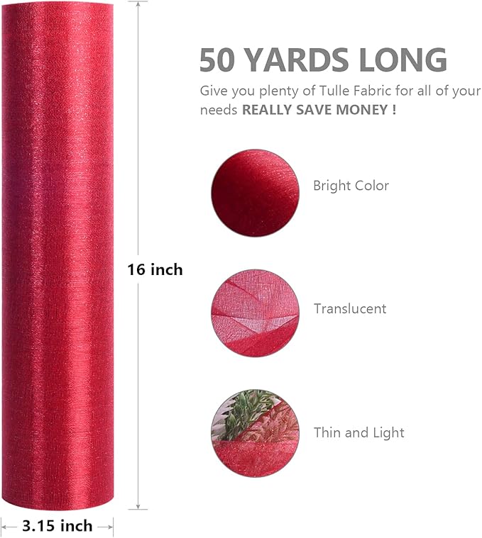 Crystal Organza Fabric Tulle - 16" by 50 Yards Sheer Fabric for Wedding Party Decoration Bridal Shower Tutu Roll Netting Spool Ribbon Wrapping (Burgundy)