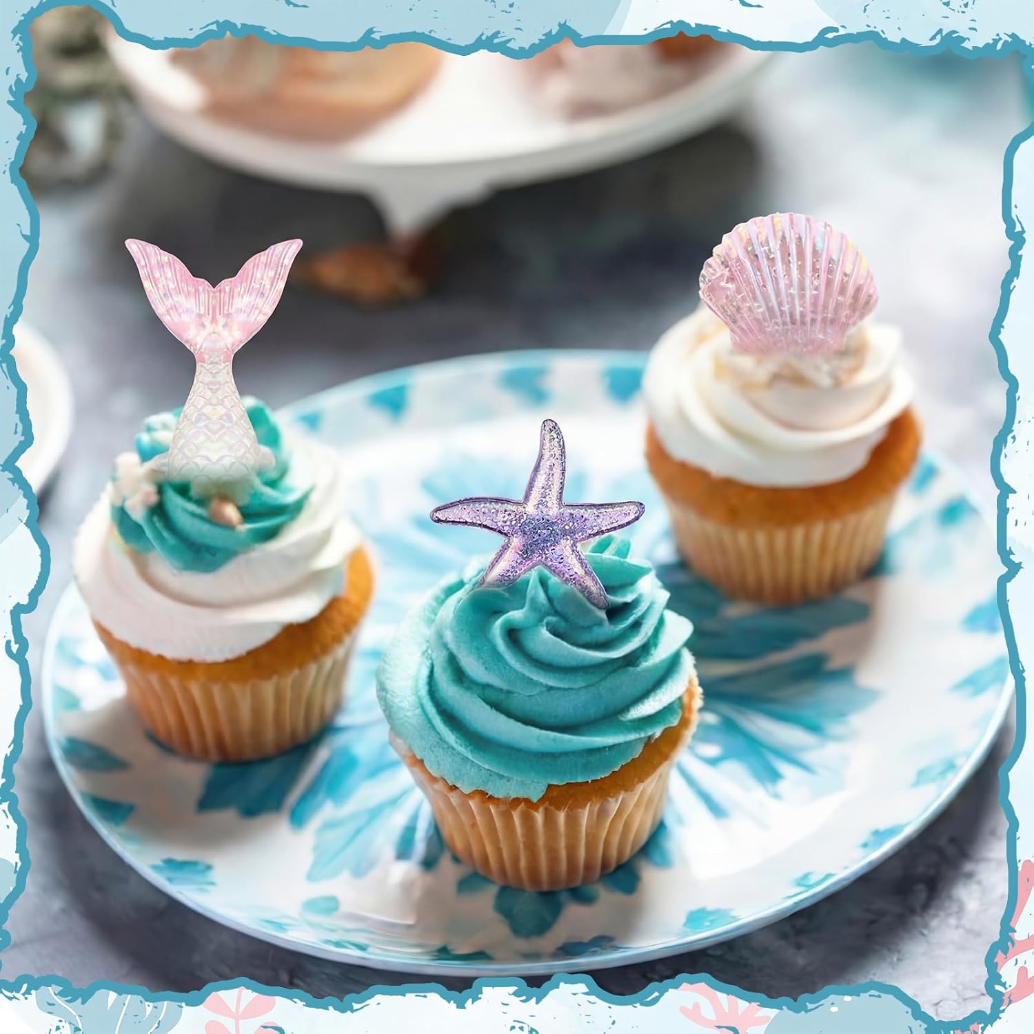 Kenning 48 Pcs Resin Mermaid Theme Cupcake Ring Toppers Seashell Mermaid Tail Starfish Cupcake Topper for Ocean Theme Birthday Party Cake Decorations Baby Shower Weeding Anniversary Sea Party Supplies