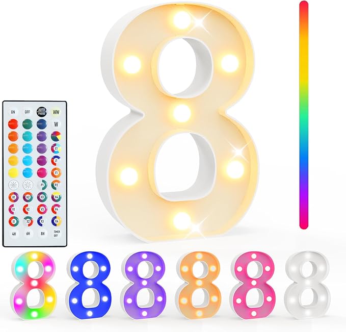 Pooqla Colorful Lighted Numbers with Remote, 35 Colors Light Up Numbers for Party, RGB LED Marquee Number Lights Gift for Girls Boys 8th Birthday Decoration Wedding Bar Night Light Home Decor Number 8