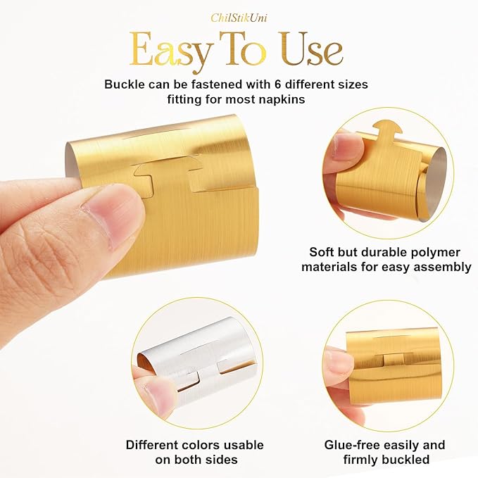 Polymer Material Reusable Napkin Band, Glue-Free Tear-Proof Water Resistant Oil-Proof Napkin Bands Set of 50(Front Brushed Gold Color and Back Silver), 6 Adjustable Sizes Napkin Rings
