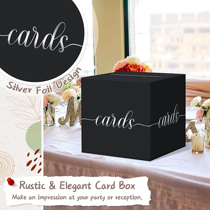 QIKSION Black Wedding Card Box, Silver Foil Gift Card Box for Party, Wedding Reception, Graduation, Birthday, Baby Shower, Raffle