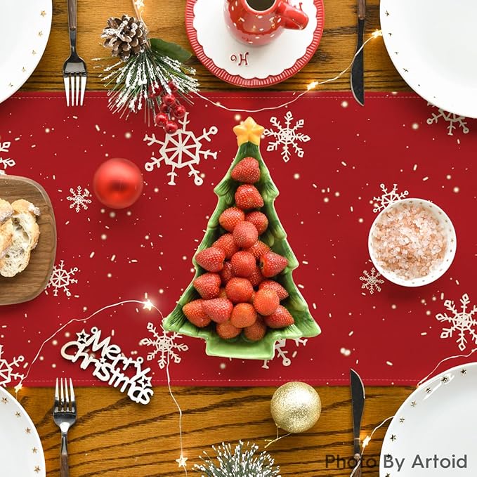 Artoid Mode Red Snowman Snowflake Let it Snow Winter Table Runner, Seasonal Christmas Kitchen Dining Table Decoration for Home Party Decor 13x48 Inch