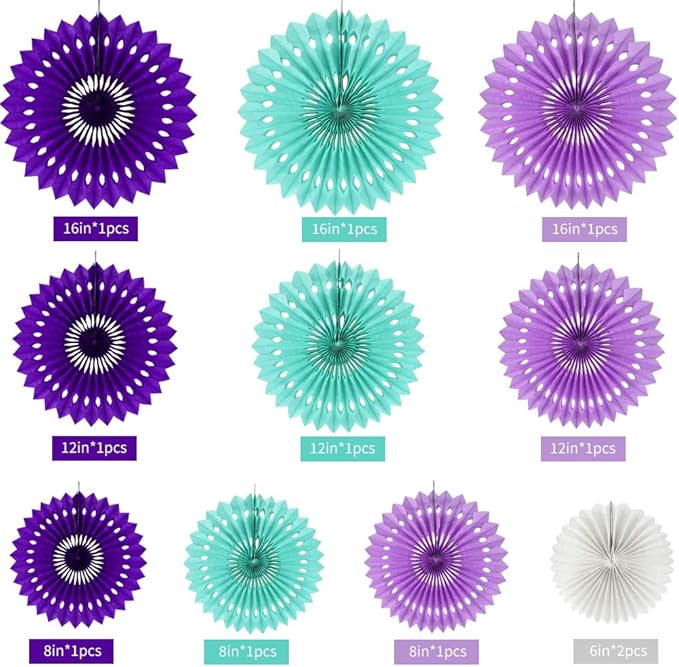 BEISHIDA Purple Lavender Blue Hanging Honeycomb Round Paper Fans Decoration Kit Tissue Paper Fan Garland for Baby Shower Girl Kid Birthday Under The Sea Wedding Party Supplies（11packs）